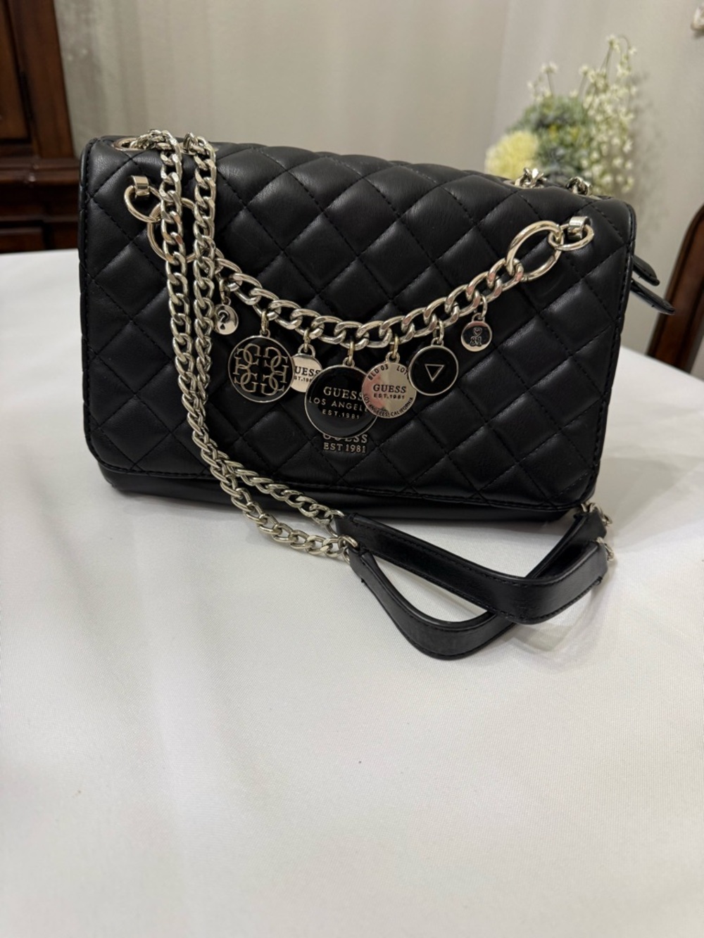 GUESS Black Quilted Shoulder Bag with Silver Charm Chain